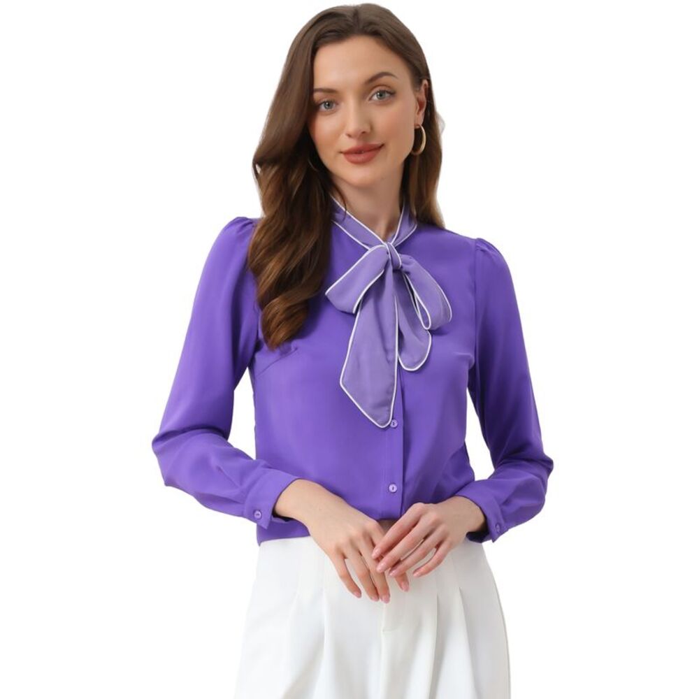 Tie Neck Contrast Color Button Down Long Sleeves Shirt Purple